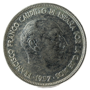 Old Spanish coin of 25 pesetas, Francisco Franco. Year 1957, 69 in the star. Obverse.