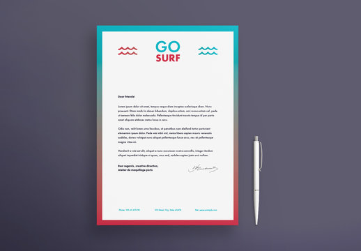 Letterhead Layout Set with Surfboard And Waves Elements