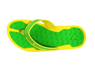 top view of yellow and green rubber male beach slipper sneaker with perforation 3d render isolated on white no shadow