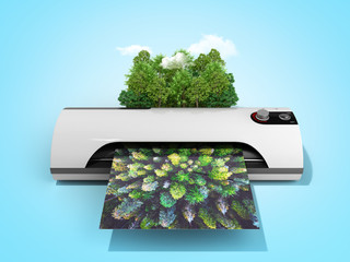 Modern high resolution wide format printing concept The real forest is transformed into an image passing through the printer 3d render on blue - obrazy, fototapety, plakaty