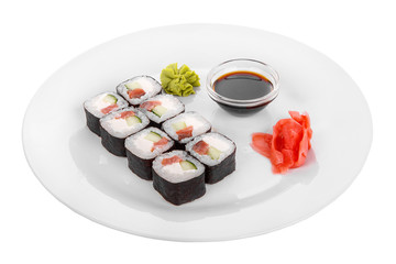 Sushi, rolls, hosomaki, with salmon, avocado, cucumber and Philadelphia cheese, raw seafood, soy sauce, marinated ginger and wasabi, food on plate, white isolated background Side view For the menu