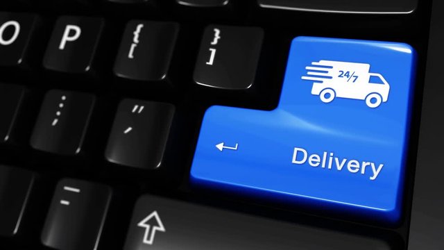 356. Delivery Moving Motion On Blue Enter Button On Modern Computer Keyboard with Text and icon Labeled. Selected Focus Key is Pressing Animation. Delivery Services Concept