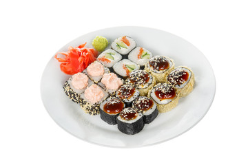 Set of sushi, rolls, uramaki, hosomaki, tempura, with teriyaki, lava sauce, raw seafood, soy sauce, marinated ginger and wasabi on plate, white isolated background Side view For the menu, restaurant