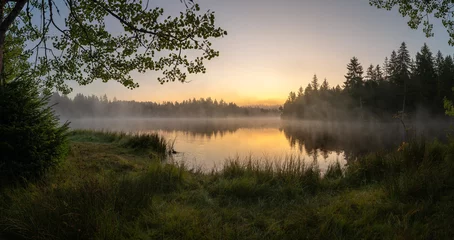 Fototapete Nebliger Morgen Sunrise over beautiful moor in the franches montagnes. Misty fog over beautiful morning lake.  © Art Del Águila