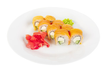 Sushi, rolls, uramaki, philadelphia, with salmon, avocado, cucumber, cheese, raw seafood, soy sauce, marinated ginger and wasabi, food on plate white isolated background Side view For the menu
