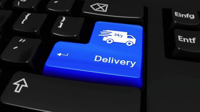 358. Delivery Round Motion On Blue Enter Button On Modern Computer Keyboard with Text and icon Labeled. Selected Focus Key is Pressing Animation. Delivery Services Concept