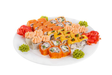 Set of sushi, rolls, for a large company california, philadelphia, lava sauce, tobiko caviar, raw seafood, marinated ginger and wasabi, food on plate, white isolated background Side view For the menu
