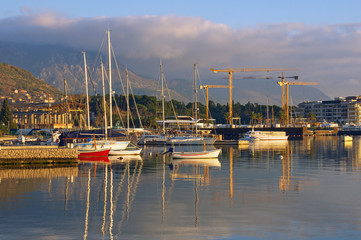Fototapeta na wymiar View of port in Tivat city on sunny winter day. Montenegro