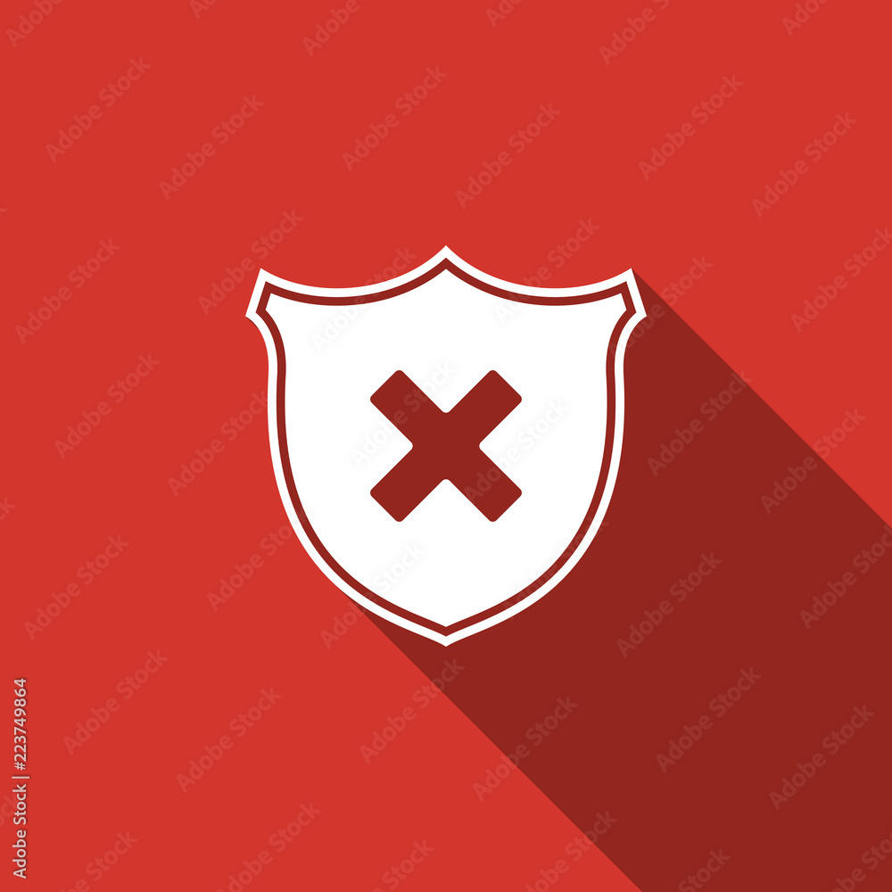 Poster shield and cross x mark icon isolated with long shadow. denied disapproved sign. protection and safe