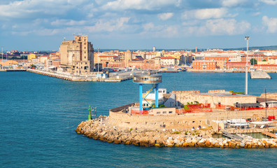 Livorno, Italian seaport and cruise harbor in the Mediterranean Sea. - obrazy, fototapety, plakaty