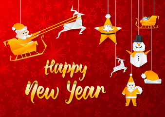 Happy New Year greeting card with Christmas decoration.