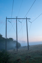 Power lines in morning mist