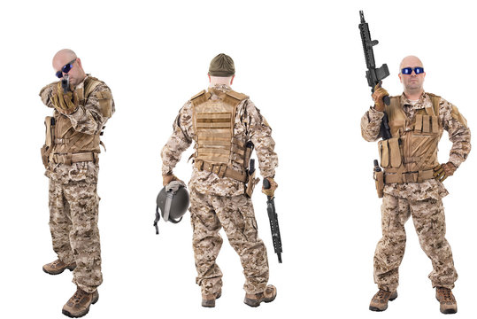 Set of military soldiers in camouflage clothes, isolated on white backgroud. Ready for action.