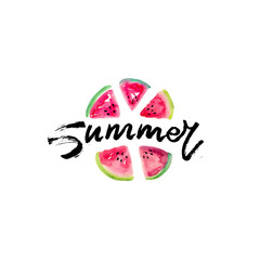 Handwritten inscription Summer and five slices of watermelon. Vector illustration of a watercolor painted in watercolor. Template for design of a card, postcard, banner and other products.
