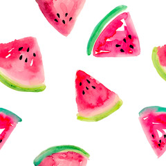 Seamless background with watermelon slices. Bright watercolor sketch of watermelon. Template background and wrapping paper, the backdrop of postcards and cards