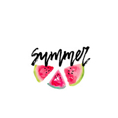 Handwritten inscription Summer and five slices of watermelon. Vector illustration of a watercolor painted in watercolor. Template for design of a card, postcard, banner and other products.