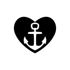 Ships anchor with a black heart symbolizing love and romance, a honeymoon or Valentines cruise or a love of boating and yachting, vector illustration Pirates heart. Valentines day template