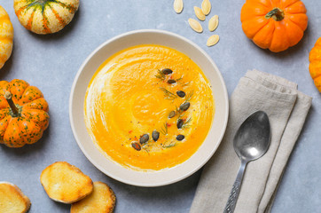 Pumpkin Soup with Cream, Dill and Pumpkin Seeds, Top View