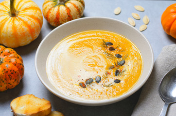 Pumpkin Soup with Cream, Dill and Pumpkin Seeds, Top View