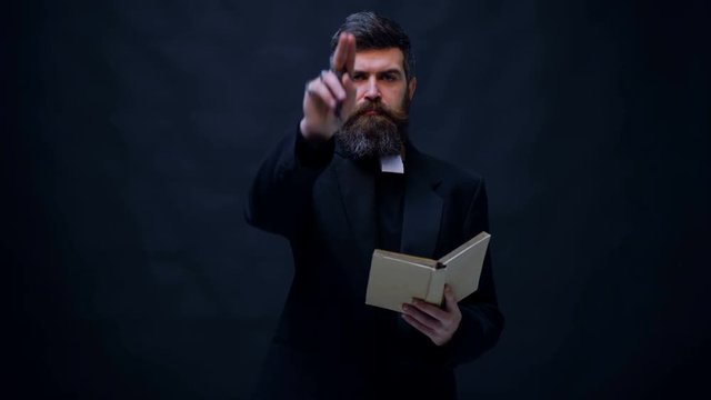 The priest is baptized, throws the bible out and dances. Trick or treat. Halloween party and celebration concept.