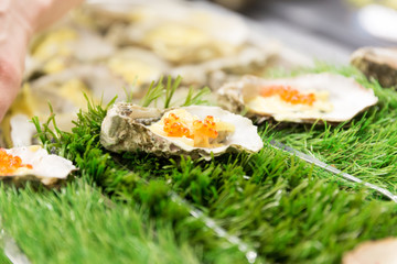 A plate of Oysters in a restaurant kitchen with Caviar filling.