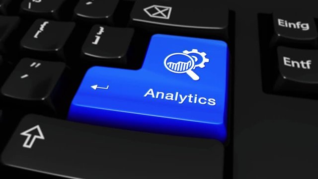 382. Analytics Round Motion On Blue Enter Button On Modern Computer Keyboard with Text and icon Labeled. Selected Focus Key is Pressing Animation. Business Management Concept