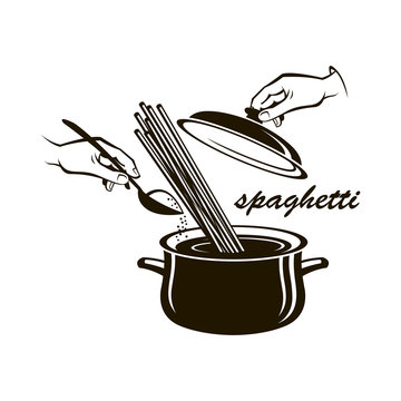 illustration of pan with cooking spaghetty isolated on white background
