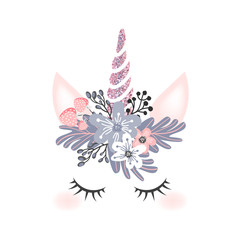 Fototapeta na wymiar Cute unicorn head with flower crown and rosegold glitter horn isolated on white background. Vector hand drawn illustration for card and shirt design.