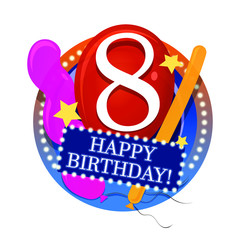 Happy birthday badge with number 8, balloons and stars for digital and mobile use