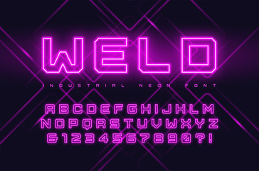 Obraz premium Vector neon industrial style display typeface, font, alphabet