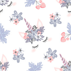 Cute unicorn head with flower crown and rosegold glitter horn  isolated on white background. Vector hand drawn illustration for card and shirt design.