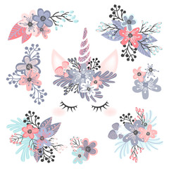 Cute unicorn head with flower crown and rosegold glitter horn  isolated on white background. Vector hand drawn illustration for card and shirt design. © samotan