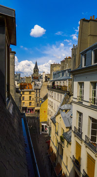 Beautiful view from the roof of the old building on the architecture of Paris, medieval tower Benedictine Abbey of Saint-Germain-des-Pr&eacute;s (Saint-Germain, 6th district)