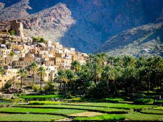 The beautiful mountain village of Balad Sayt sits in front of green fields in Wadi Bani Awf, Oman - obrazy, fototapety, plakaty