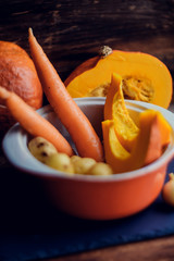 Vegetables for preparation of pumpkin soup , white background