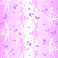 Ballerina seamless pattern with butterflies and circles on pink background