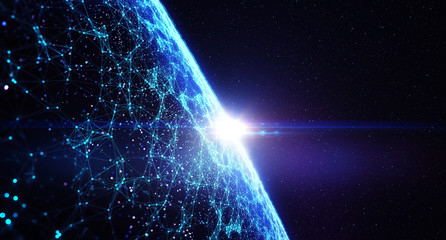 The concept of social network, uniting people around the globe/3D illustration. Connection lines Around Earth Globe, Futuristic Technology Theme Background with Light Effect.