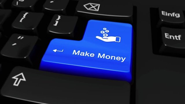 403. Make Money Round Motion On Blue Enter Button On Modern Computer Keyboard with Text and icon Labeled. Selected Focus Key is Pressing Animation.