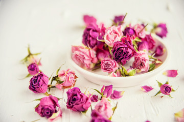 dried herbs flowers (rose) in the Marrakesh street shop, shallow dof