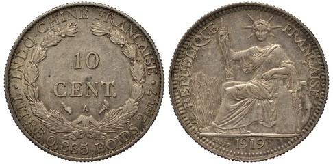 French Indochina silver coin 10 ten centimes 1919, value within floral wreath, purity info below, sitting liberty holding fascine, grain stalks at left, helm and anchor at right, colonial time, date b