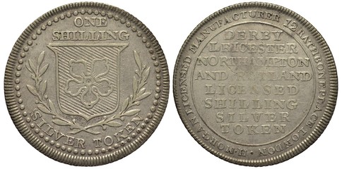 Great Britain British Derby Leicester Northampton silver coin token 1 one shilling beginning 19th century, shield with flower flanked by laurel sprigs, licensed silver token payable in London,