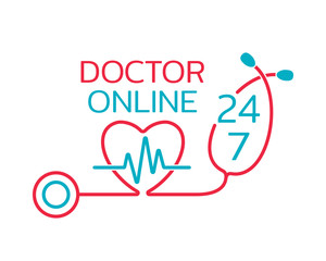 Doctor online logo on white background. Neon doctors mobile app sign with heart and pulse line.