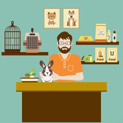 Pet shop seller at a counter in a store opposite shelves with Rabbit in hutch. Flat vector illustration.  Accessories for animals care, food, cage, etc.  Pet shop concept.