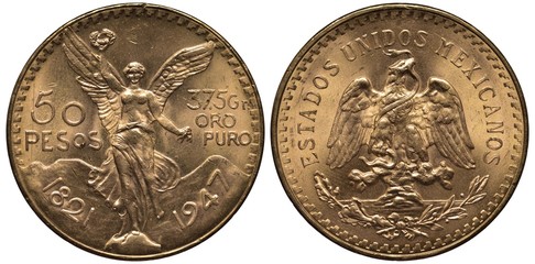 Mexico Mexican golden coin 50 fifty peso 1947, Subject Centennial of Independence, Winged Victory...