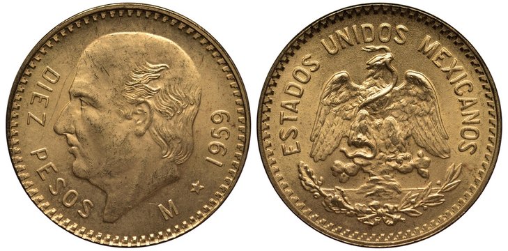 Mexico Mexican golden coin 10 ten peso 1959, head of Miguel Hidalgo y Costilla left, eagle on cactus catching snake,
