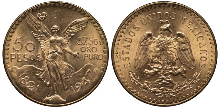 Mexico Mexican golden coin 50 fifty peso 1947, Subject Centennial of Independence, Winged Victory holding laurel wreath and piece of chain, mountains behind, eagle on cactus catching snake,