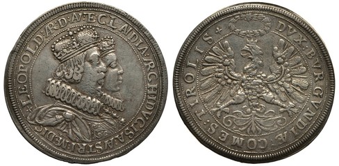 Holy Roman Empire of German Nation silver coin 2 two thalers 1626, rulers Archduke Leopold V and Claudia Medici, conjoined busts in rich clothes, imperial eagle with spread wings, wreath above,