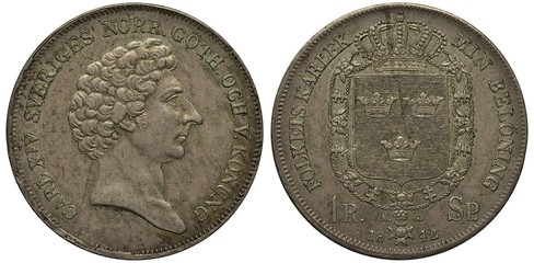 Sweden Swedish silver coin 1 one daalder (thaler) 1842, head of King Carl XIV right, crowned shield with three smaller crowns surrounded by collar of the order, value and date below,