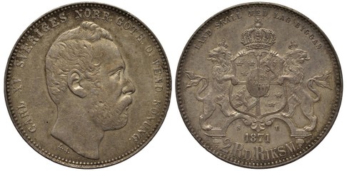Sweden Swedish silver coin 2 two riksdaler riksmynt 1871, head of King Carl XIV right, crowned...