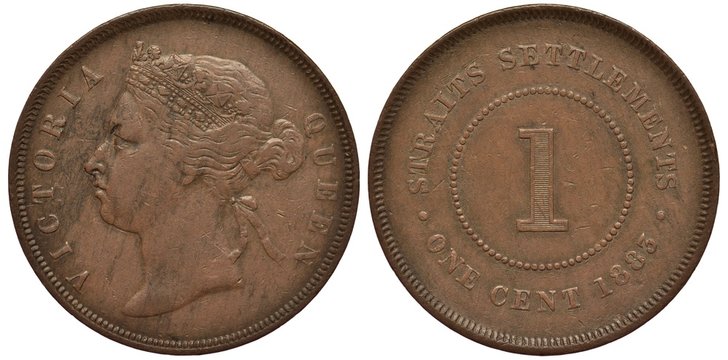 British Straits Settlements coin 1 one cent 1883, Queen Victoria head left, digit of value within circle of beads, date below, colonial time
